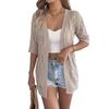 Women Casual European Style Solid Hollow Out Mid Length Elbow Sleeve Knit Cardigan