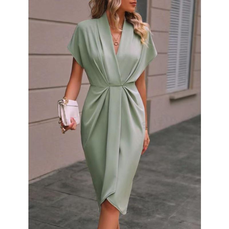 women's Satin V Neck Batwing Short Sleeve Twist Front Wrap Midi Dress Elegant Party Cocktail Dress