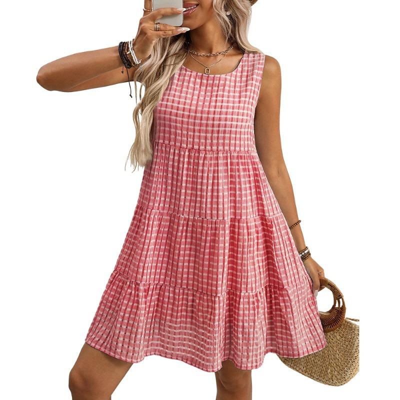 Summer Fashion Women's Loose Casual Flowing Sleeveless Plaid Dress