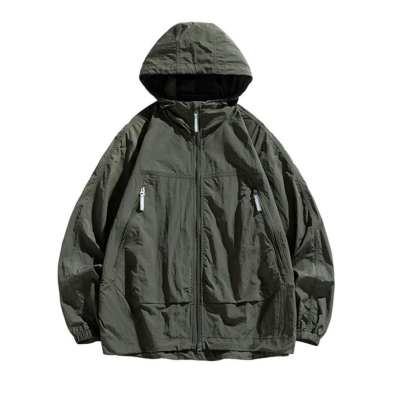 Men's Hooded Windbreaker Sunscreen Jacket - Ultra Light Summer Zipper Pocket Elastic Cuffs Suitable for Outdoor Hiking