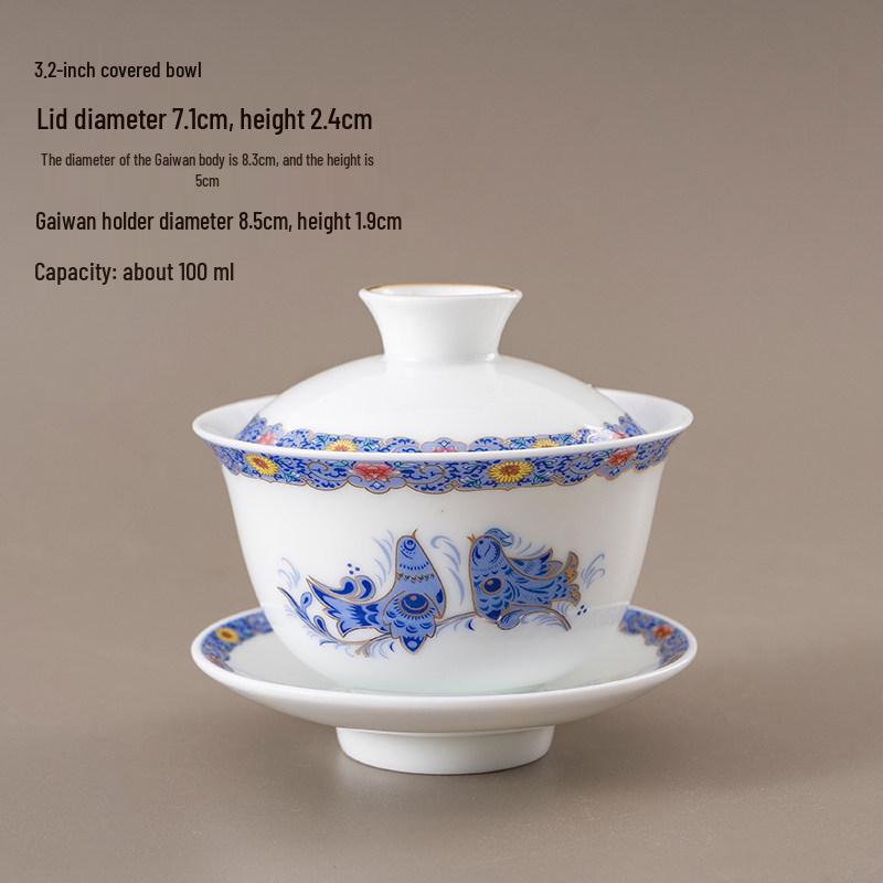 Chinese Style Ceramic Tea Set: White Porcelain Cup with Blue and White Ruyi Covered Bowl for Living Room