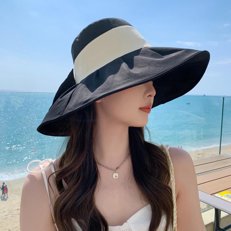 

Новая шляпа женская двухцветная шляпа от солнца с большим бантом летняя защита от солнца панама с большими полями One Size