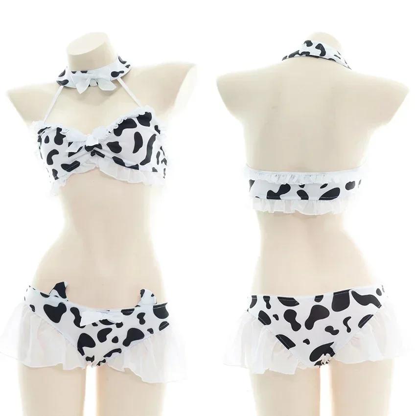 Cow Series Swimsuit Bodysuit Bikini Maid Unifrom Costume Summer Beach Kawaii Girl Swimwear Skirt Uniform Set Cosplay