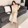 Spring thin court style with chest pad ice silk nightdress women's long-sleeved silk lace long dress slim and thin loungewear