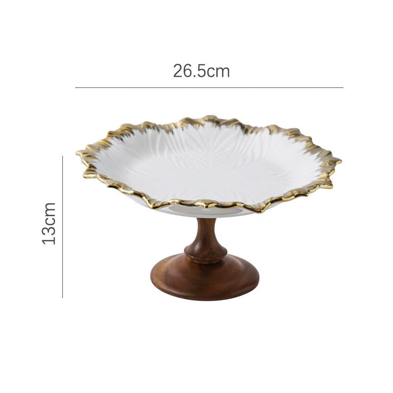 Abay Ceramic and Wood Pedestal Fruit Plate with Gold Rim
