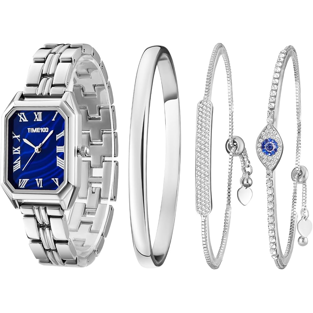 TIME100 Silver Women s Quartz Watch Gift Set with 3 Bracelets Stainless Steel Elegant Design