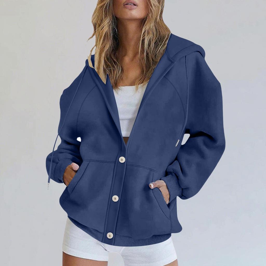 Women's Fashionable Loose Casual Cardigan Button Drawstring Hooded Sweatshirt