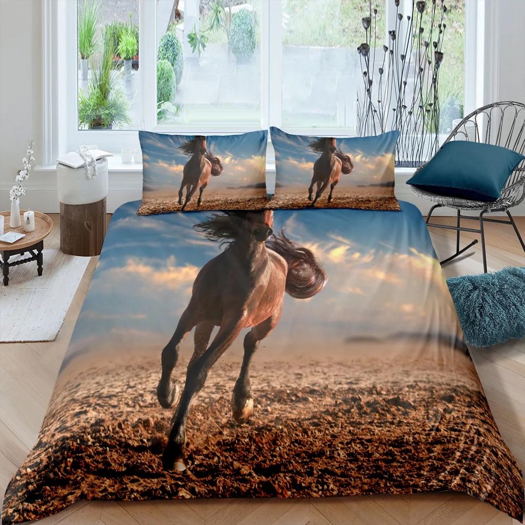 Galloping Horse Bedding Set Califking 260X240 Luxury Bed Comforter Double Home Duvet Set Cover Queen Size Pillowcases 2/3Pcs