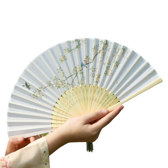 Vintage Flower Bird Print Folding Fan Portable Chinese Style Bamboo Handheld with Tassel Pendant for Dance Music Festival Wedding