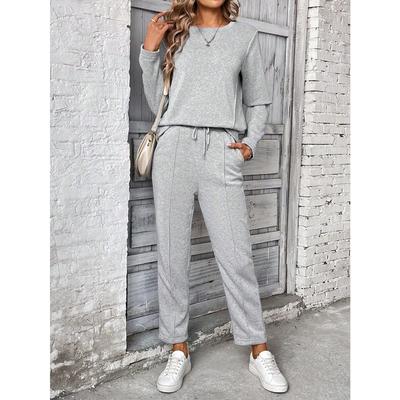 Dam Casual Mode Enfärgad Byxdress med Dragsko - Långärmad, Rundhalsad, Polyester, Vår/Höstklädsel, Vardagsklädsel|Rund Halsringning