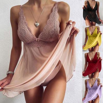 Femmes mode Sexy col en v Crochet dentelle maille robe et culotte deux pièces ensemble doux Homewear licou dentelle chemise de nuit