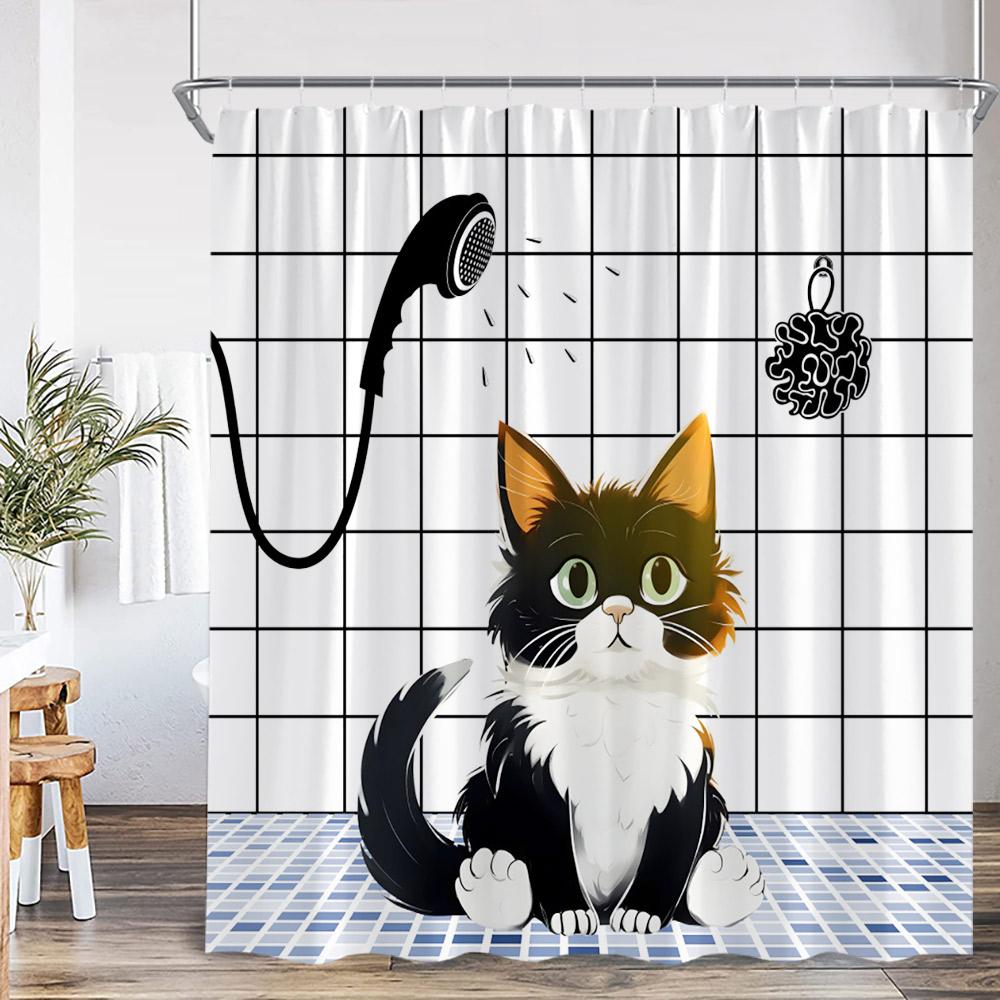 Cute Cats Shower Curtains Bathing Cats Cartoon Animals Bathroom Decortaions Kids Polyester Fabric Bath Curtains with Hooks