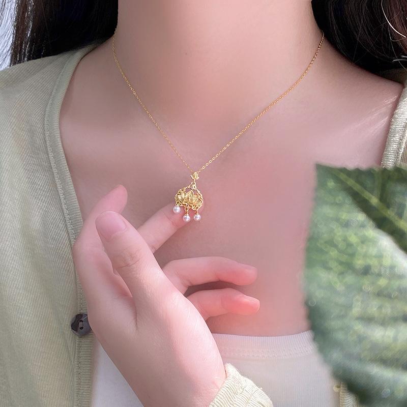 Pearl Lotus Peace Lock Necklace Girl China-Chic Girlfriend Gift Collar Chain