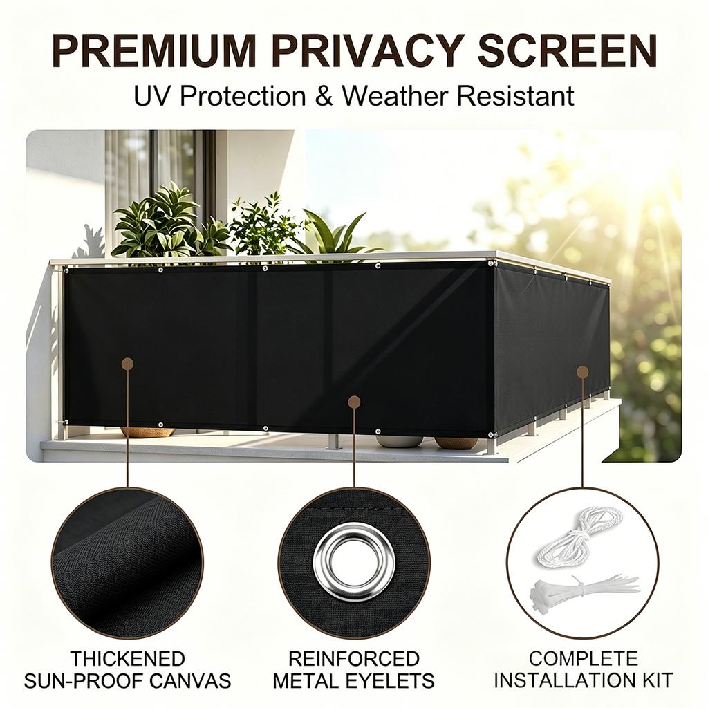 Balcony Privacy Screen, Outdoor Sunshade Fabric, Garden Fence Cover, Apartment Railing Protector with Rope Tie-Downs - Black