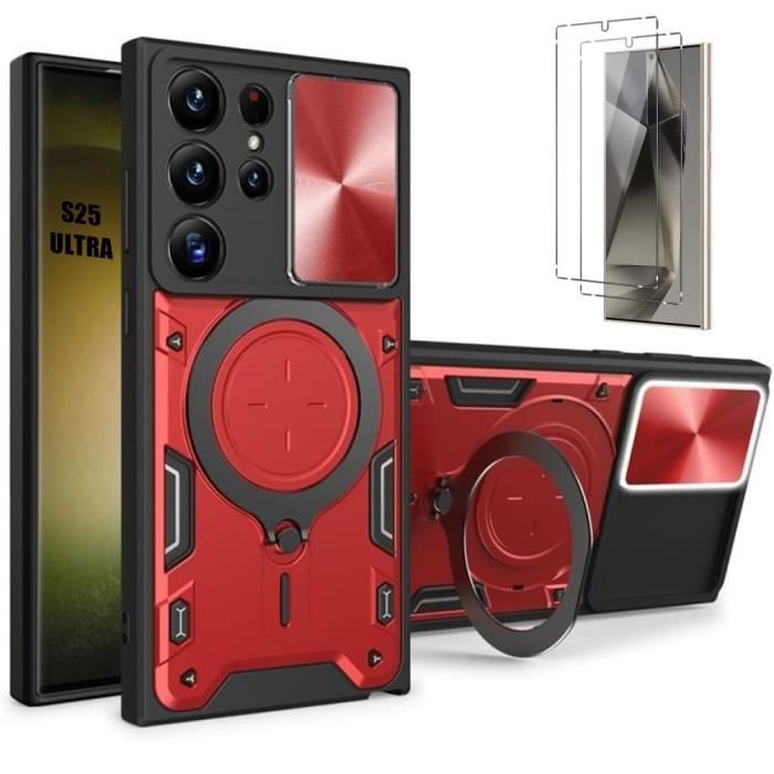 Coque pour Samsung Galaxy S25 Ultra, Rouge Protection avec Cache Caméra Coulissant + 2 Verres Trempés