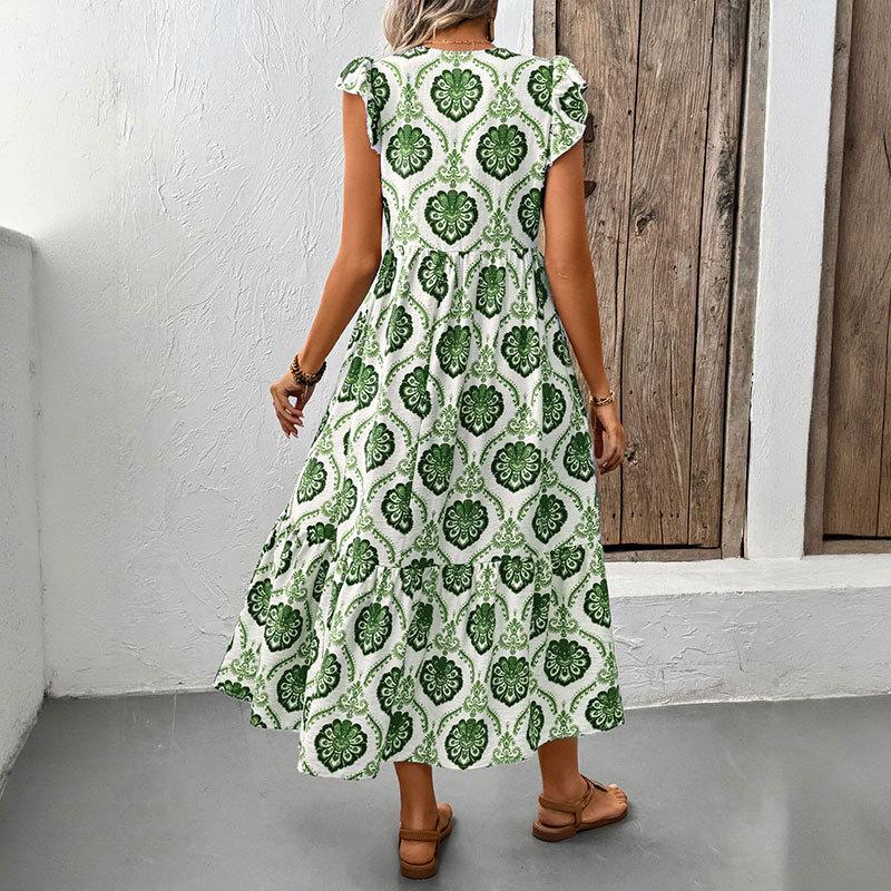 Vacation Elegant Retro Style Women's Dress with Ruffled Small Flying Sleeves and Geometric Print