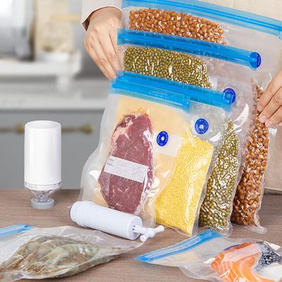 Wiederverwendbare Vakuumierbeutel Haushalt Plastik Transparent Lebensmittelaufbewahrung Siegelbeutel Frischhaltebeutel Zip Gefrierschrankverschlussklammern Handpumpe Beutel