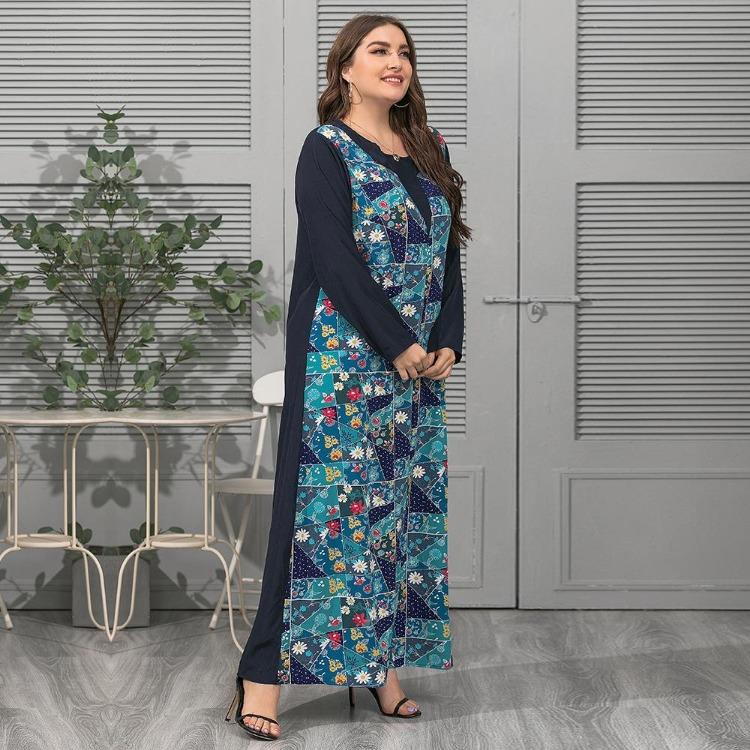 Plus Size Elegant Women's Loose Long Sleeve Dress Spring Summer O Neck Print Splicing XL-4XL