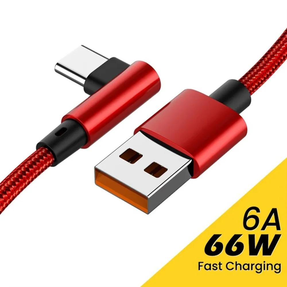6A 66W USB C Cable 90° Elbow Fast Charging Cord For Samsung Xiaomi Huawei OnePlus Android 0.25-3M Nylon Braided Quick Charge