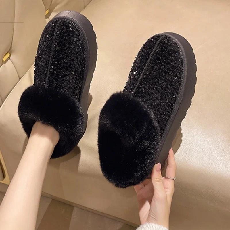 

Fashion Ladies Shoes New One Kick Women s Boots Winter Round Toe Sequins Solid Short Barrel Platform Plush Fleece for Warmth Snow Boots 43 чёрный