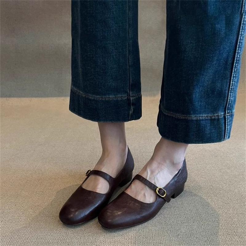 Shallow Mouth Genuine Leather Women's Shoes Flat Mary Jane Shoes Women Retro Simple Low Heel Shoes