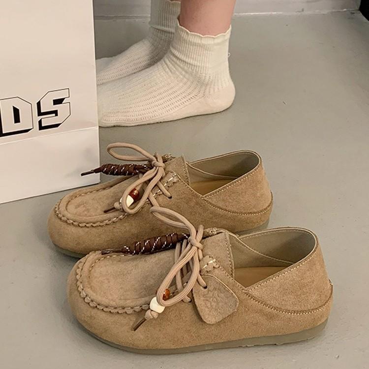 2025 autumn new flat-bottomed casual beanie shoes female kangaroo lace-up comfortable two wear suede loafers single shoes