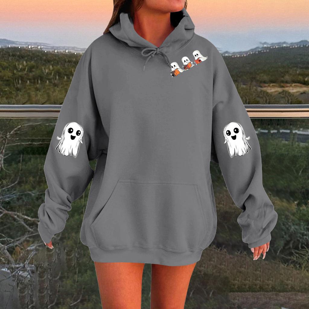 Women's Solid Color Long Sleeve Casual Halloween Print Pullover Hooded Sweatshirt