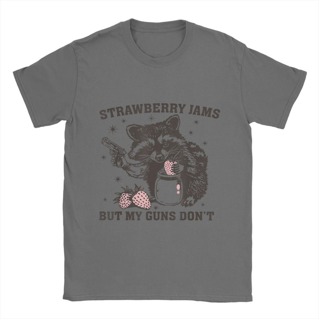 Men Strawberry Jams But My Don't Funny Raccoon T Shirt  100% Cotton Tops Leisure Short Sleeve Crewneck Tees Plus Size T-Shirts