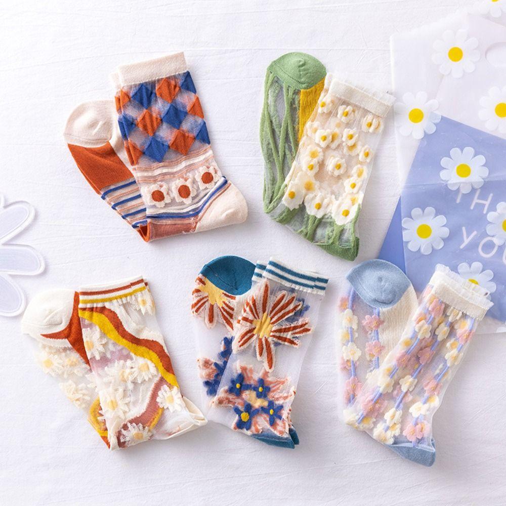 5Pairs Glass Silk Tulle Mid Tube Socks Mesh Sweet Socks Women Soft Transparent Flower Socks  Girl