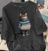 Large Striped Cat Tshirts Print Round Neck Short Sleeved Retro Casual Daily Washed Tshirts