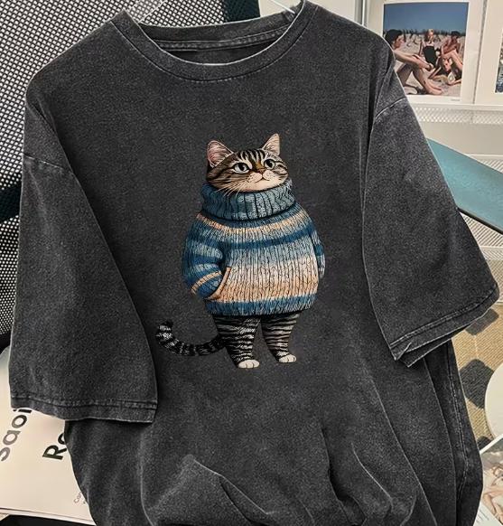 

Large Striped Cat Tshirts Print Round Neck Short Sleeved Retro Casual Daily Washed Tshirts S