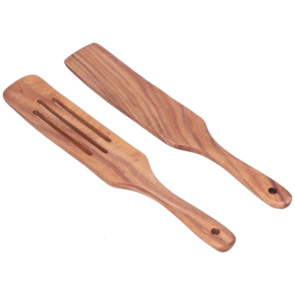 2pcs Slotted Turner Spatula Simple Wooden Spatula with Long Handlefor Cooking Salad Mixing