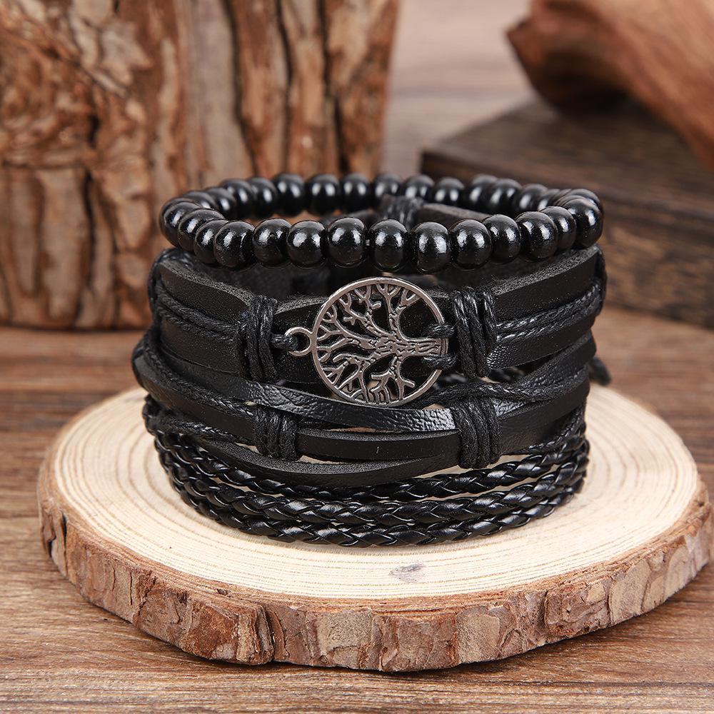 Men's Retro Tree of Life Cowhide Bracelet: Woven, Multi-layered Wood Bead with Punk Style