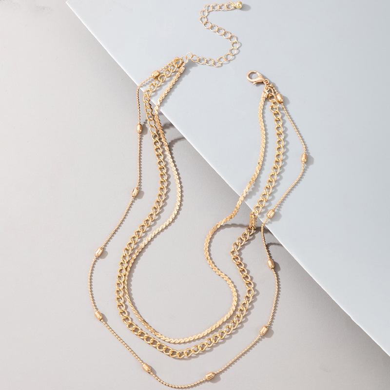 Fashion Metal Sweater Chain, Round Bead Chain Three-layer Necklace, Simple Geometric Collarbone Chain