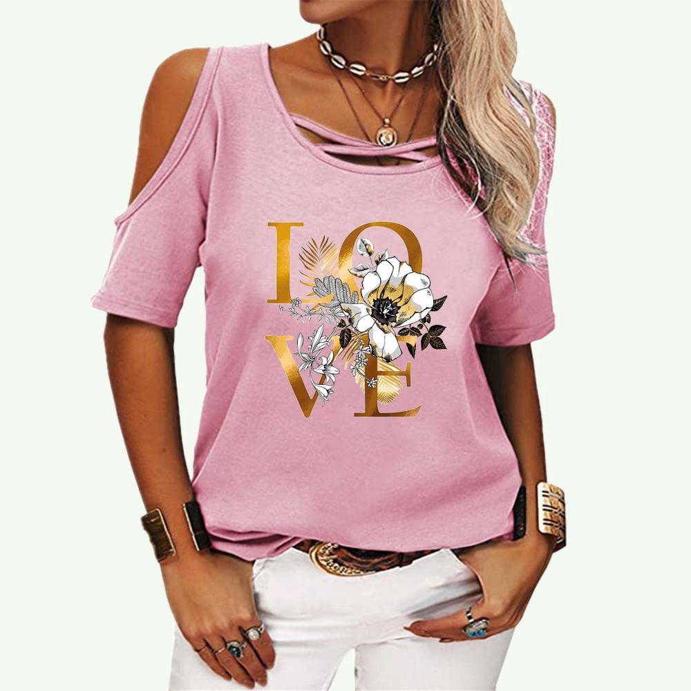 

Женская модная футболка с коротким рукавом с принтом, женский топ с открытыми плечами, повседневная летняя футболка с круглым вырезом S розовый
