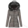 Womens Slim Fit Cotton Padded Jacket With Faux Fur Collar Zipper Warm Winter Coat