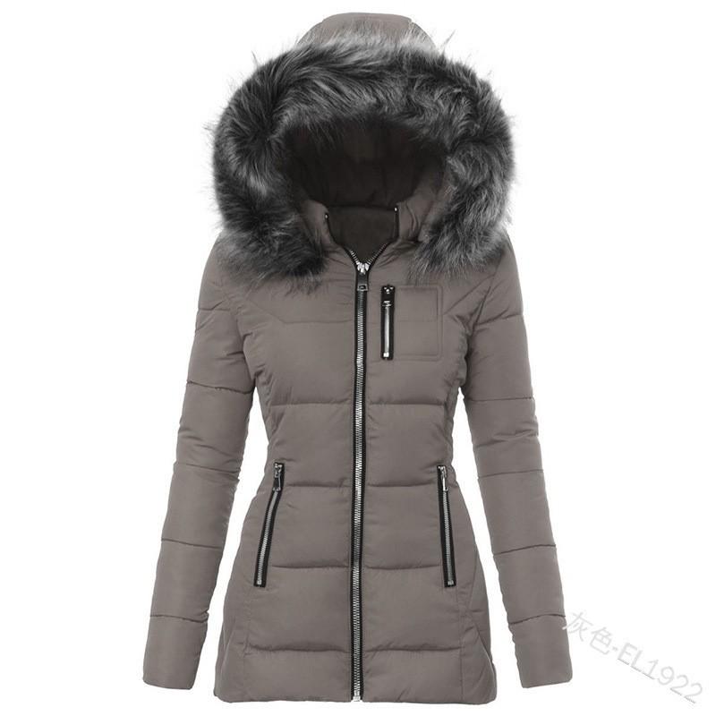 Womens Slim Fit Cotton Padded Jacket With Faux Fur Collar Zipper Warm Winter Coat