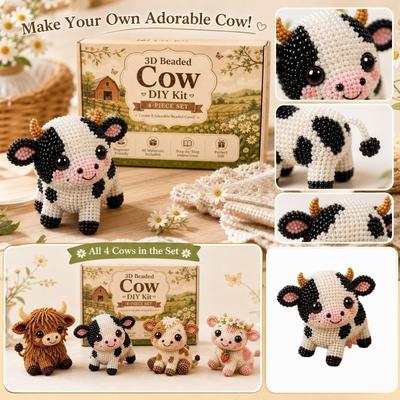 3D Beaded Cow DIY Kit Four Piece Animal Beading Craft Set Handmade Beadwork Kit for Beginners and Adults Step by Step Instructions Included