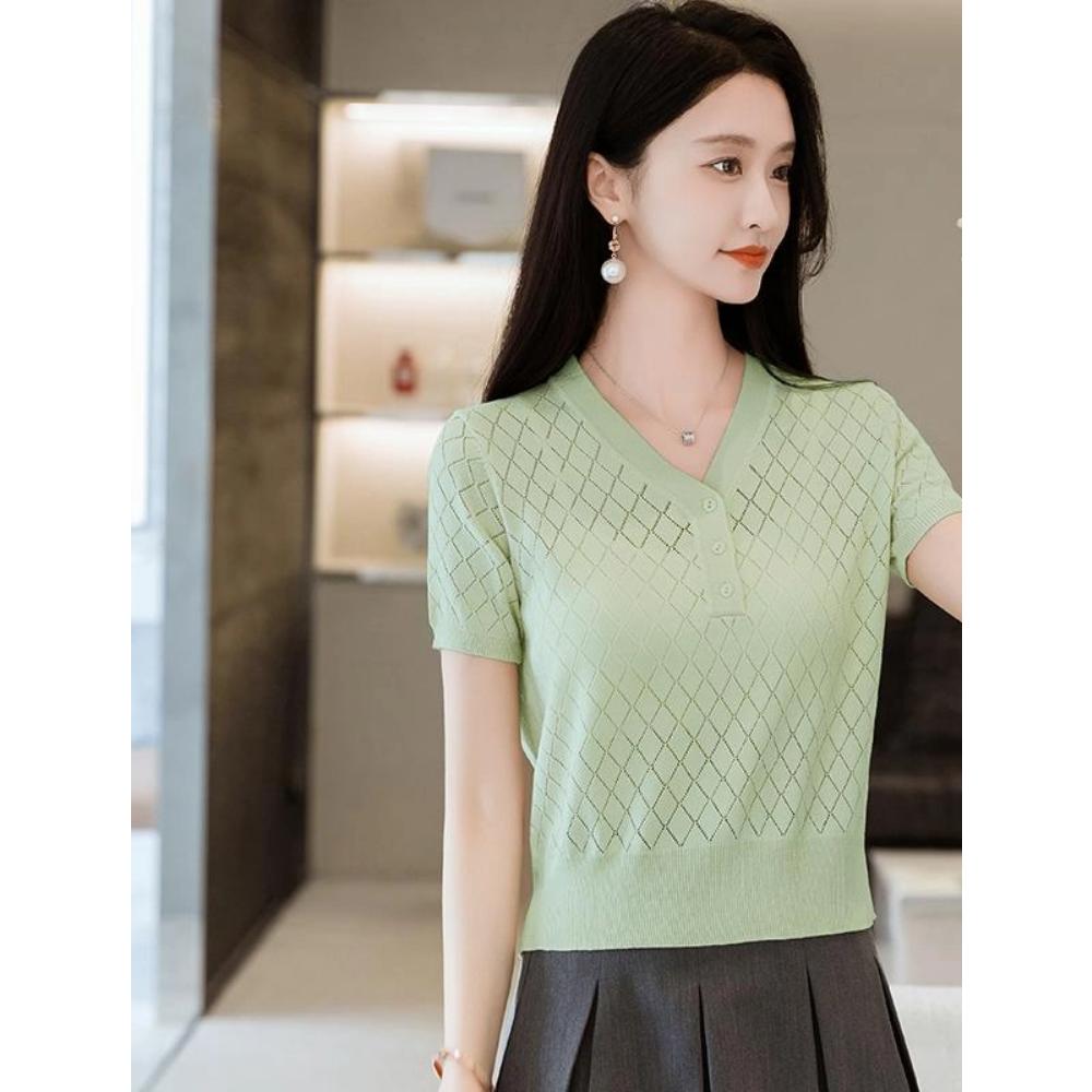 V-neck Ice Silk Short Sleeve T-Shirt Women Summer New Fashion Slim Fit Hollow Out Knitted  Short Top