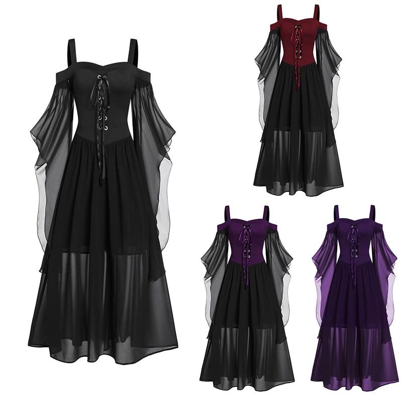 Halloween Witch Dress Gothic Medieval Cosplay Costume Off Shoulder High Quality Polyester Fabric