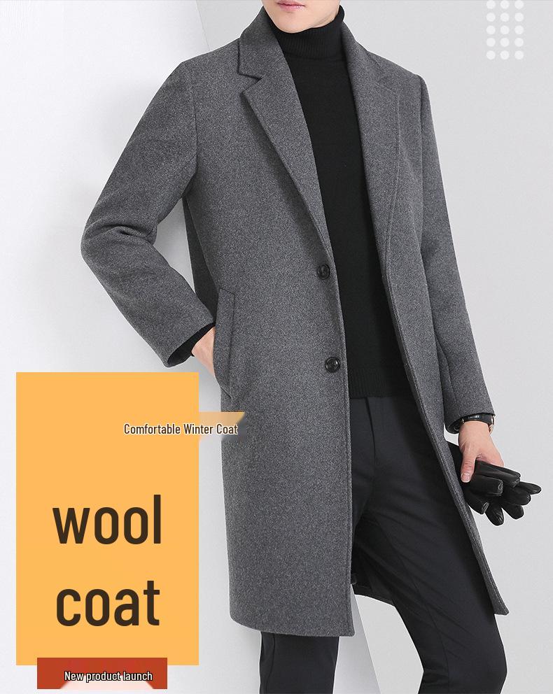 Men's 2025 Winter Korean Style Woolen Coat: Trendy Mid-Length Thick Thickened British Windbreaker
