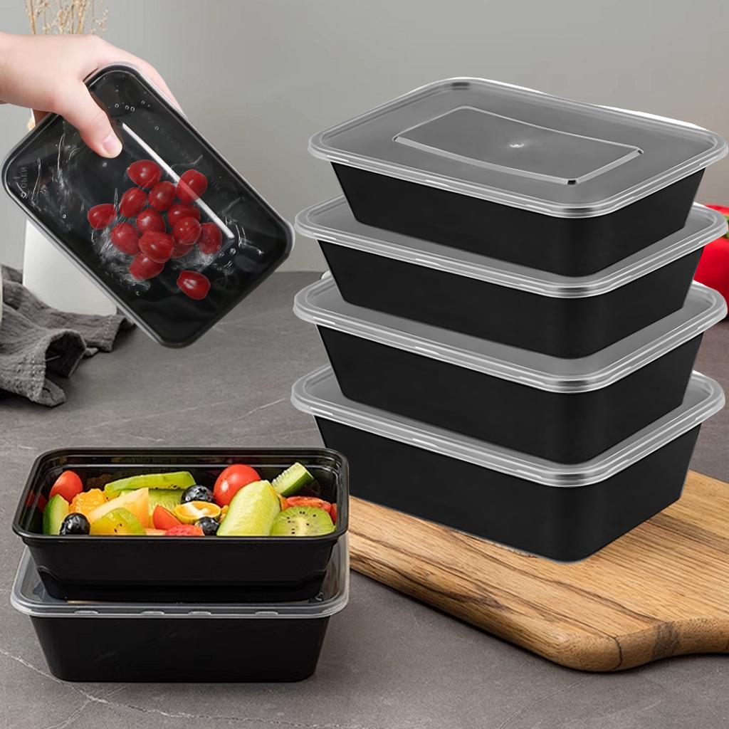 1-100pcs Black Disposable Food Containers Plastic Takeaway Box with Lid for Salad Sandwiches Fruit Kitchen Refrigerator Storage