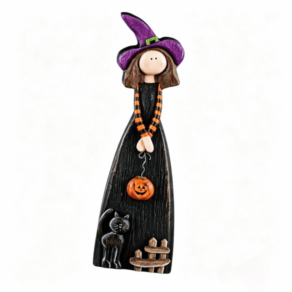 2D Design Halloween Witch Figurine Wooden Material Halloween Witch Ornament Holiday Decoration