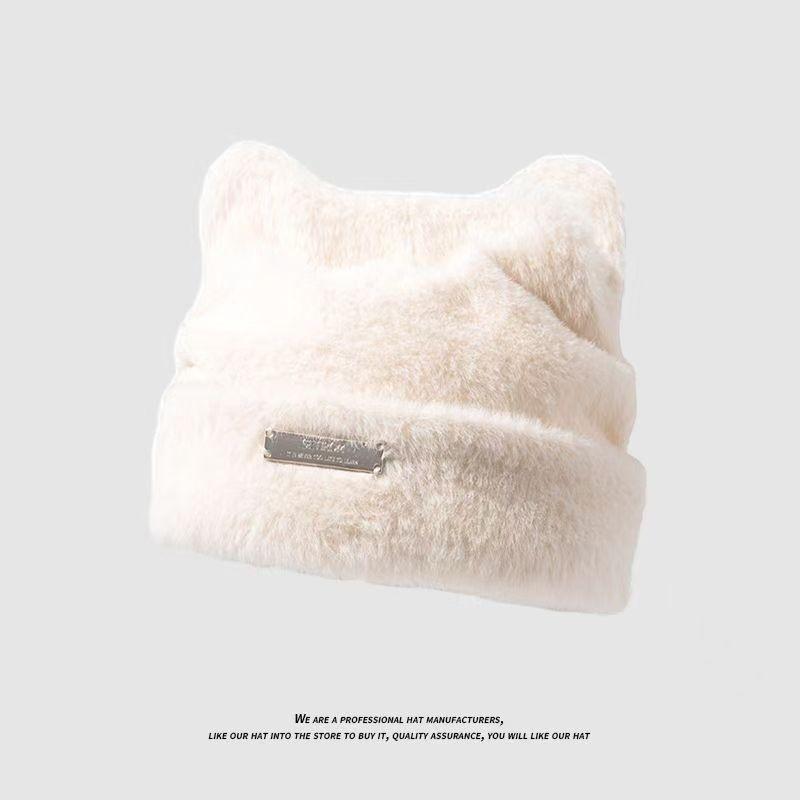 Autumn and winter bear ears plush hat women's thickened warm ear protection wool hat big head circumference versatile bag head knitted hat