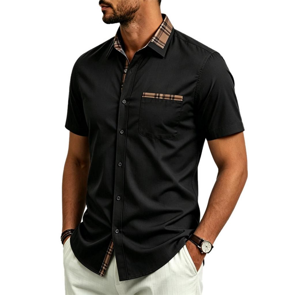 Men's Color Block Short Sleeve Button Down Shirt, Stretch Breathable Wrinkle-Free Fabric, Casual Summer Shirt for and Daily Wear, Fit
