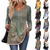 Retro Floral Print Long Sleeve Top Women Casual V Neck Button Blouse