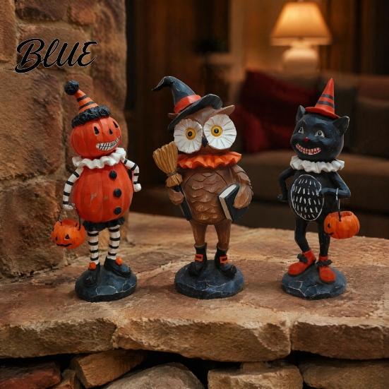 Cute Spooky Shelf Sitters Wooden Halloween Resin Figurines Pumpkin Scarecrow Wizard Owl Black Cat Decorative Crafts Statue Rustic Desktop