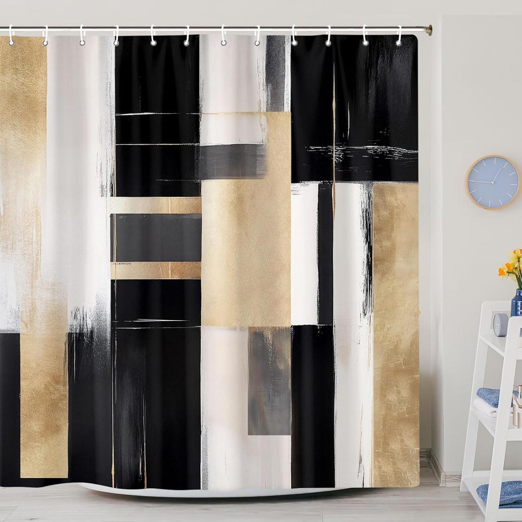 Black Gold Abstract Shower Curtain, Boho Modern Aesthetic, Oil Painting Neutral Art, Fabric Bathroom Set With Hooks