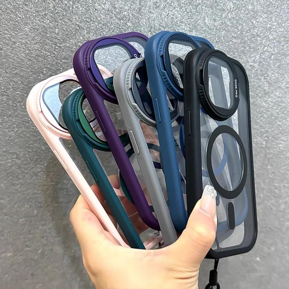 Wrist Strap Magnetic Lens Holder Acrylic Clear Phone Case for IPhone 16 15 Plus 14 13 12 11 Pro Max Shockproof Soft Edge Cover
