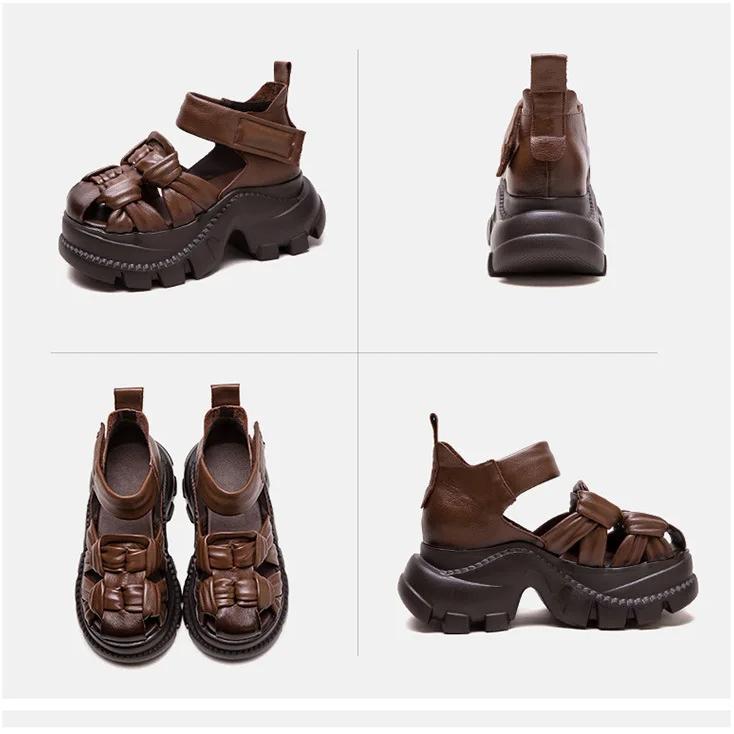 Johnature Sandale cu platformă din piele naturală, împletite confortabil, respirabile, retro, pantofi de damă